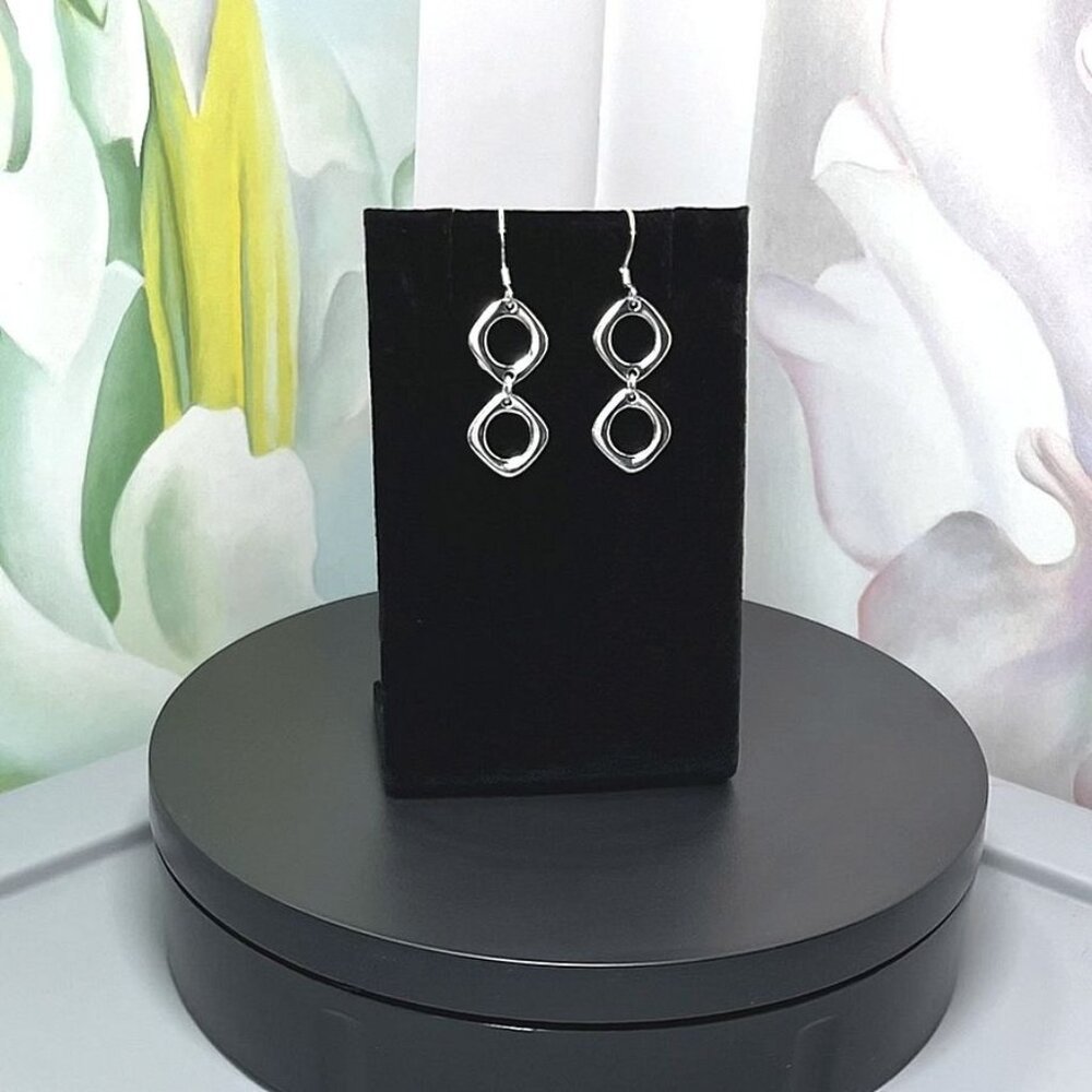 Leanna Geo Retro Open Square Double Drop 925 Sterling Silver Earrings Gift Boxed